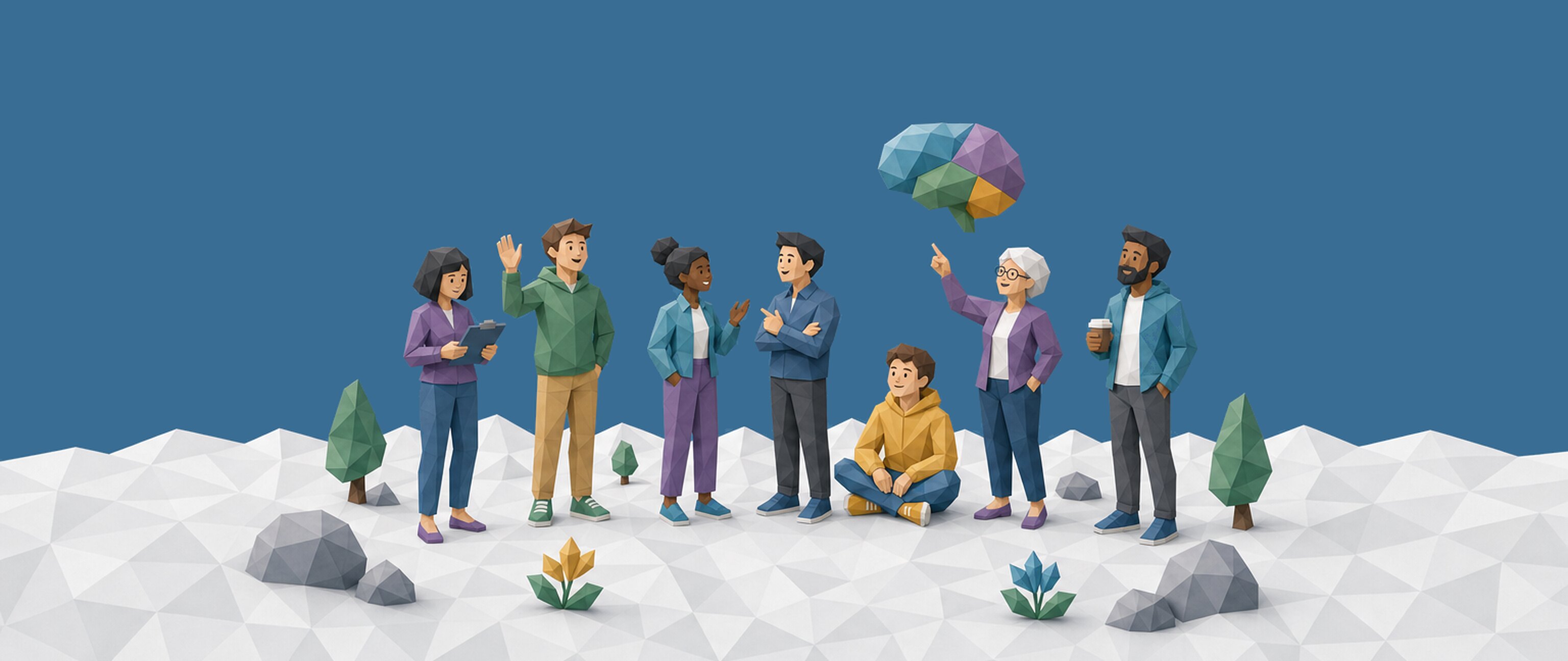 Sieben Papierfiguren stehen entspannt in einer hellen Low-Poly-Landschaft zusammen; eine zeigt auf ein schwebendes geometrisches Gehirn.