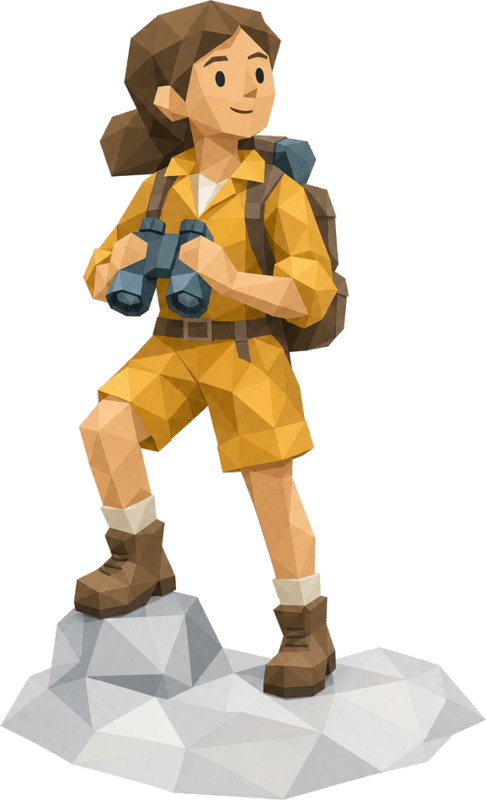 Papierfigur des Entdeckers: eine junge Frau mit Fernglas und Wanderrucksack.
